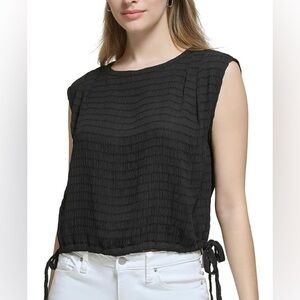 Brand New Calvin Klein Women's Black Crinkle Side Tie Blouse